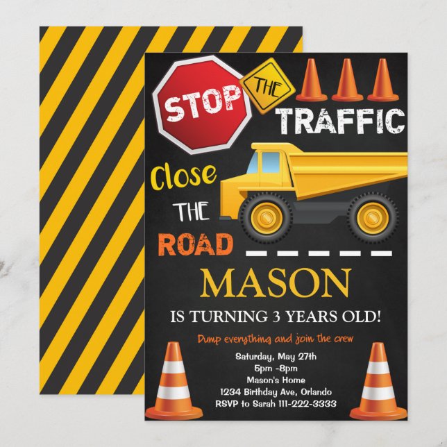 Convite de Aniversário Preto do Caminhão de Constr (Frente/Verso)