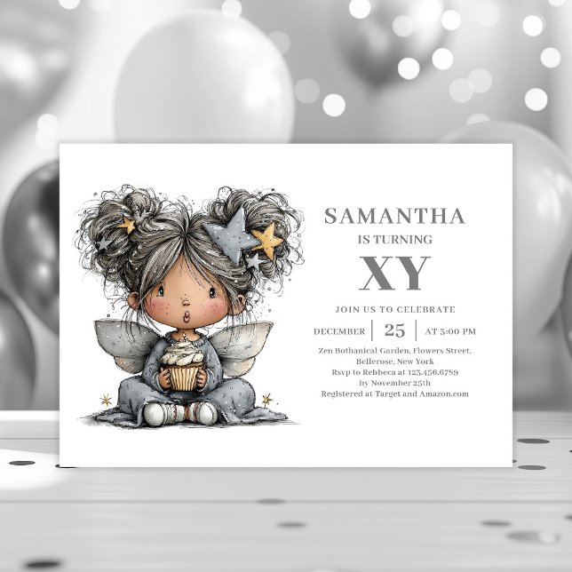 Convite de Aniversário Preto Dourado Adolescente C (Whimsical Teenager Girl Black Gold Birthday Invitation

)