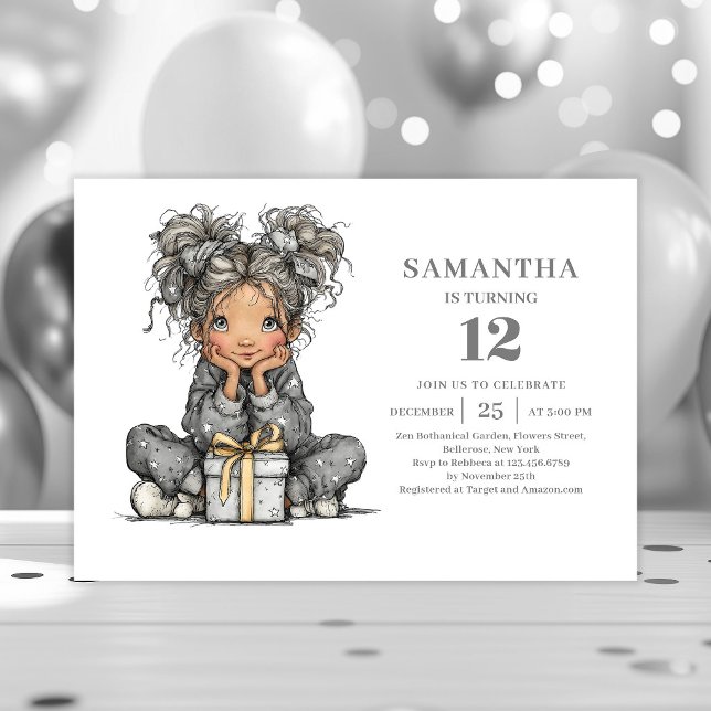 Convite de aniversário preto dourado para menina c (Whimsical Chic Girl Birthday Black Gold invitation)