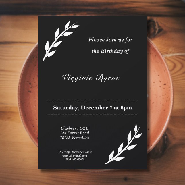 Convite de aniversário preto e branco com ornament (Black & White Birthday Invitation with ornaments)