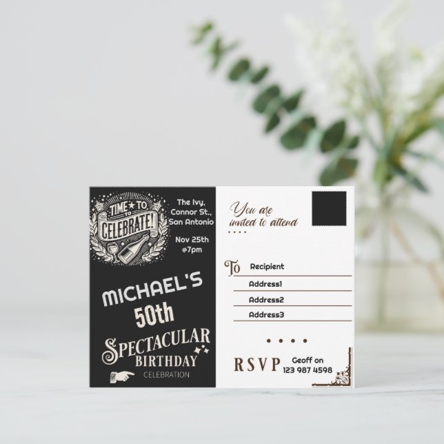 Convite de Aniversário preto e branco vintage (Em pé/Frente)