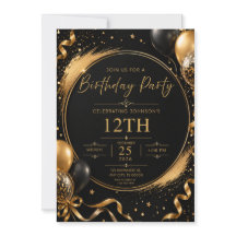 Convite de Aniversário Preto e Dourado