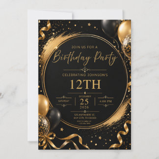 Convite de Aniversário Preto e Dourado