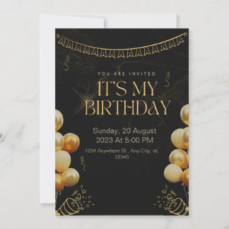Convite de aniversário preto e Dourado