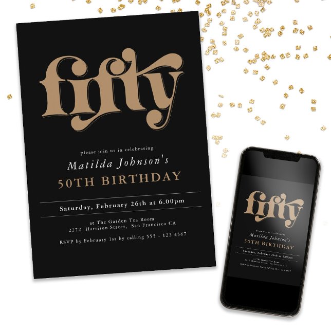 Convite de aniversário preto e Dourado (Black and Gold 50th Birthday Party Invitation)