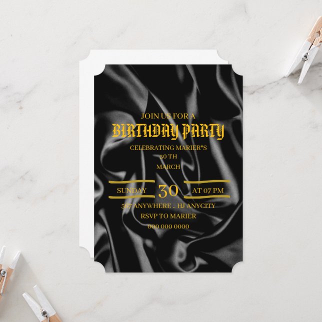Convite de Aniversário Preto e Dourado, 30º Aniver (Frente/Verso In Situ)