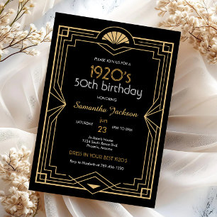 Convite de Aniversário Preto e Dourado Art Déco do