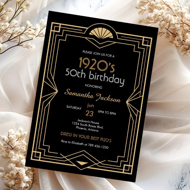 Convite de Aniversário Preto e Dourado Art Déco do (Criador carregado)