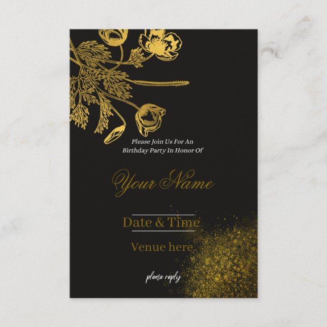 Convite de Aniversário Preto e Dourado de Luxo (Frente)