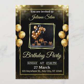 Convite de Aniversário Preto e Dourado Elegante