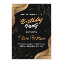 Convite de Aniversário Preto e Dourado Elegante