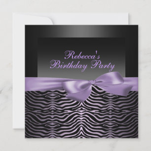 Convite de Aniversário Preto e Roxo de Zebra para 
