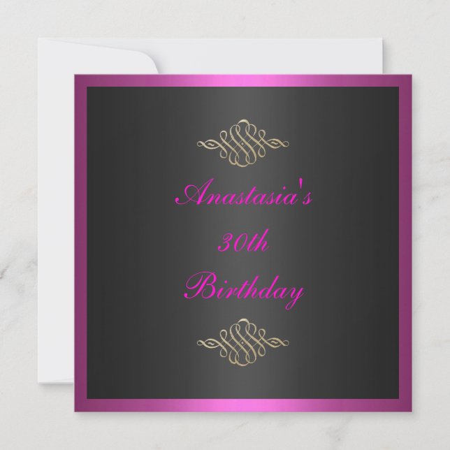 Convite de Aniversário Preto Rosa e Corte Dourado (Frente)