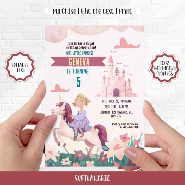 Convite de aniversário Princesa Andando Unicorn (Criador carregado)
