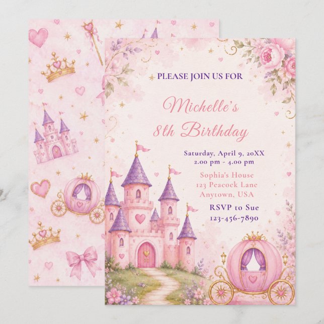 Convite de Aniversário Princesa Castelo e Carruage (Frente/Verso)