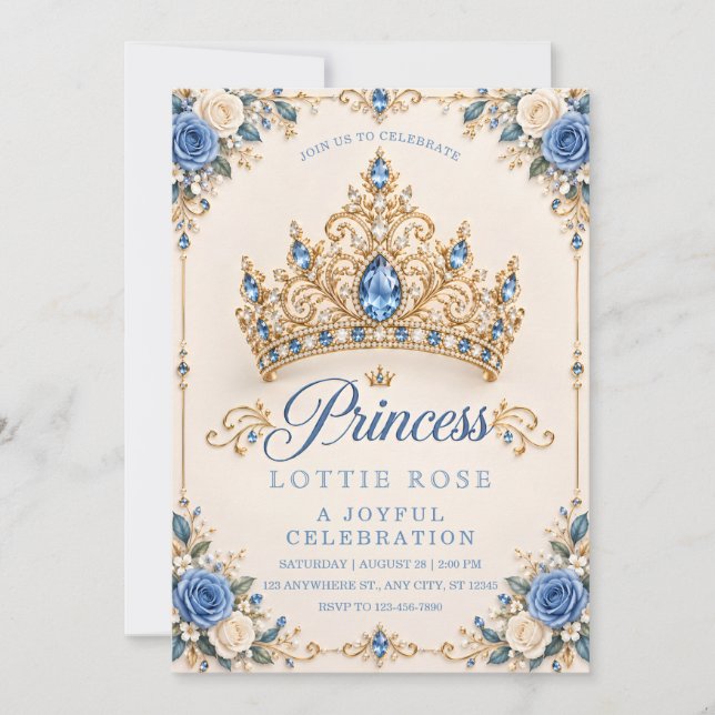 Convite de Aniversário Princesa Dourado Azul (Frente)