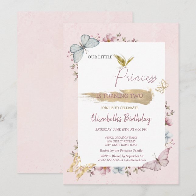 Convite de Aniversário Princesa Flores Borboletas  (Frente/Verso)