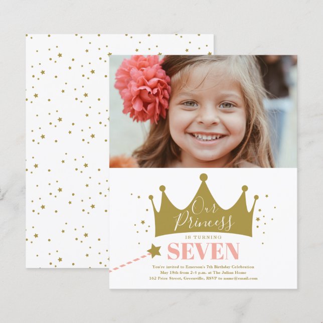 Convite de Aniversário Princesa Rosa Moderno Orçam (Frente/Verso)