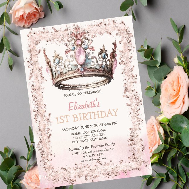 Convite de Aniversário Princess Crown Glitter Fram (Criador carregado)