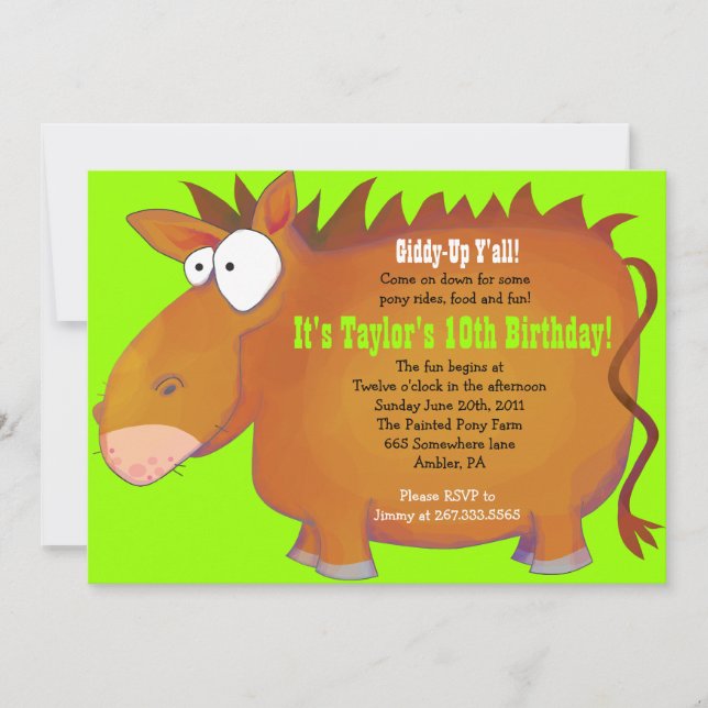 Convite de aniversário PUDGY PONY Horseback (Frente)