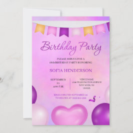 convite de aniversário púrpura e cor-de-rosa