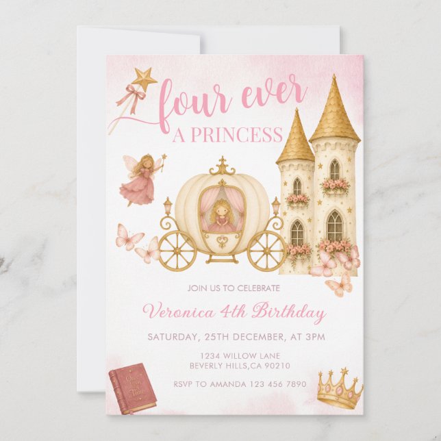 Convite de Aniversário Quatro Vezes Princesa (Frente)