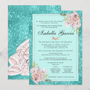 Convite de Aniversário Quinceañera Floral Azul Tur