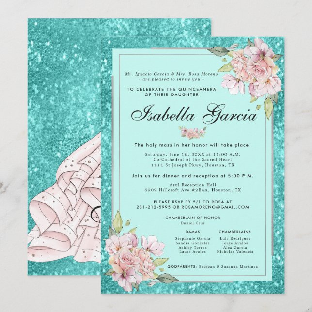Convite de Aniversário Quinceañera Floral Azul Tur (Frente/Verso)