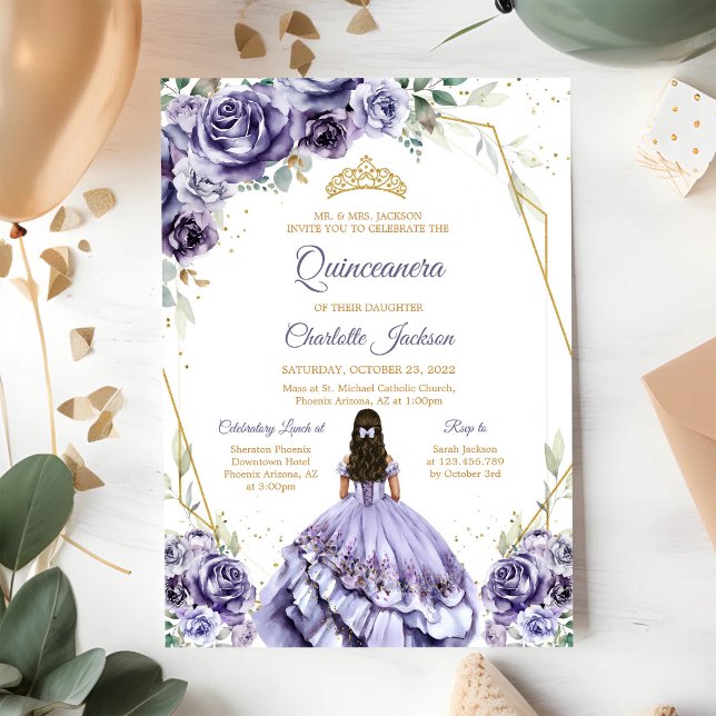 Convite de Aniversário Quinceanera Roxo (Criador carregado)