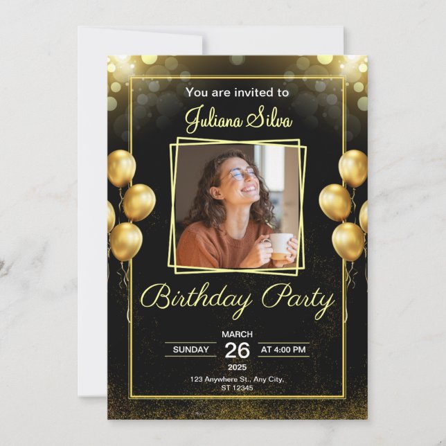 Convite de Aniversário Rabiscos Preto e Dourado (Frente)