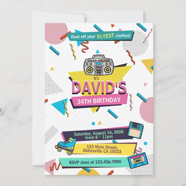 Convite de aniversário Rad 90s Memphis Syle (Frente)