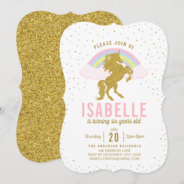 Convite de aniversário Rainbow Glitter Unicorn (Frente/Verso)