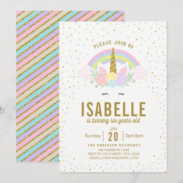 Convite de aniversário Rainbow Glitter Unicorn (Frente/Verso)
