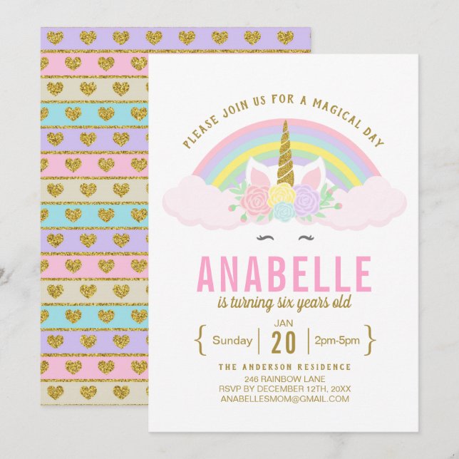 Convite de aniversário Rainbow Glitter Unicorn (Frente/Verso)
