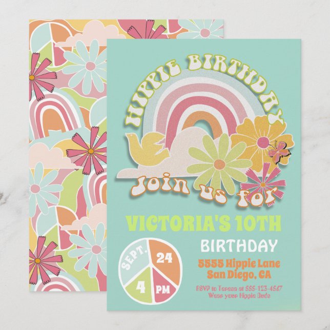Convite de aniversário Rainbow Hippie (Frente/Verso)