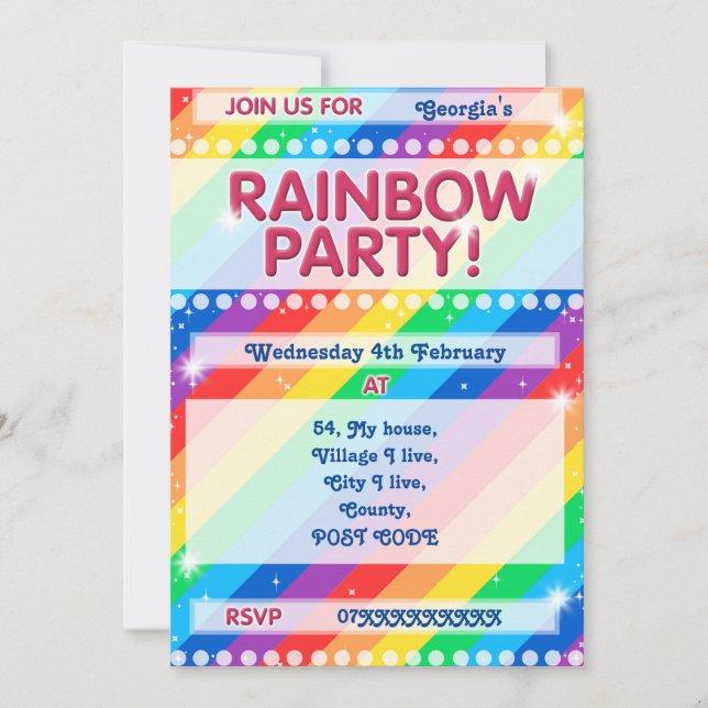 Convite de aniversário Rainbow personalizável (Frente)
