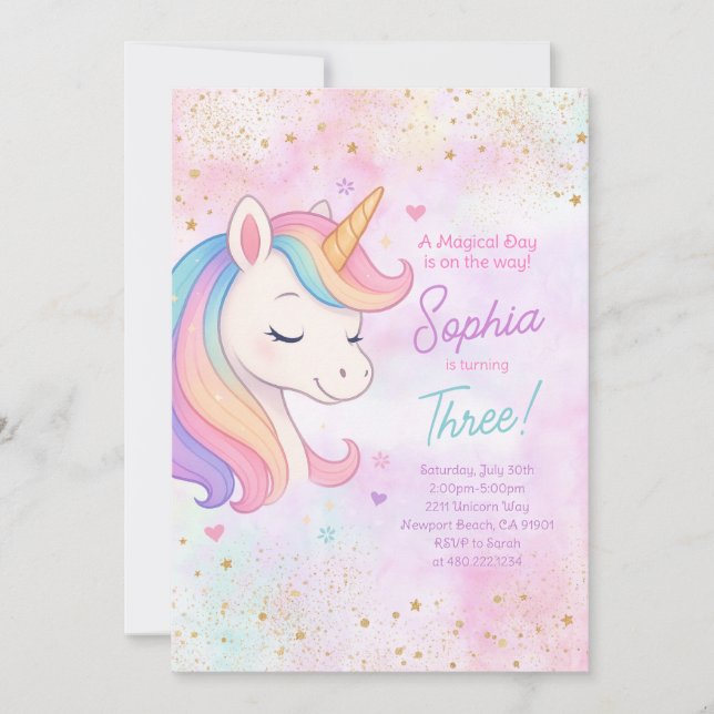 Convite de aniversário Rainbow Unicorn (Frente)