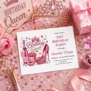 Convite de Aniversário Rainha Brilho Rosa Dourado 