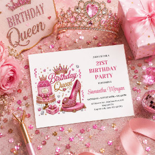 Convite de Aniversário Rainha com Brilho Rosa Mode