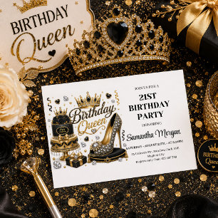 Convite de Aniversário Rainha Confete Dourado Pret