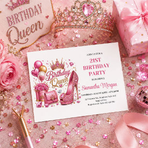 Convite de Aniversário Rainha Confete Dourado Rosa