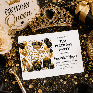 Convite de Aniversário Rainha Dourada Preta Chic c