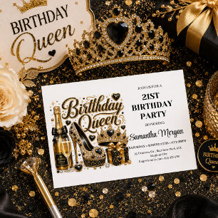 Convite de Aniversário Rainha Glitter Preto Dourad