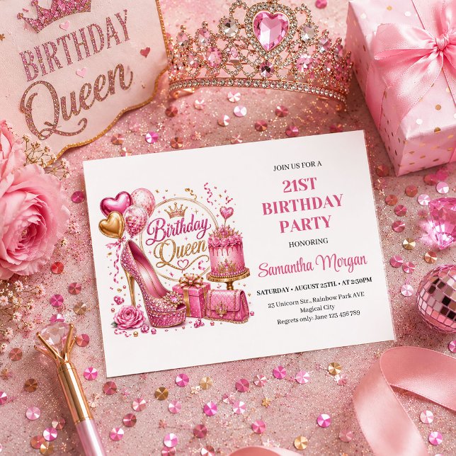 Convite de Aniversário Rainha Glitter Rosa Chic Do (Chic Rose Gold Glitter Birthday Queen Party Invite

)