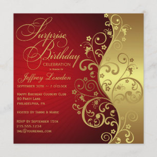 Convite de aniversário Red & Dourado Surprise