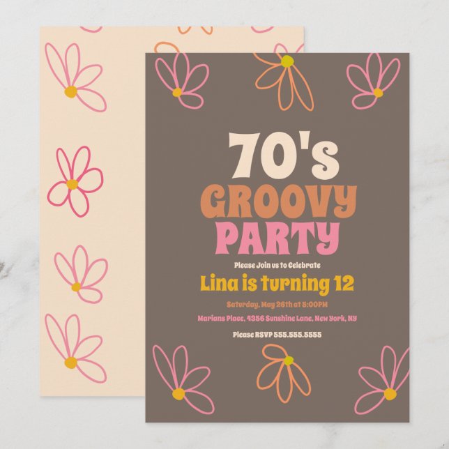  Convite de Aniversário Retro Daisy Desenho Groovy (Frente/Verso)