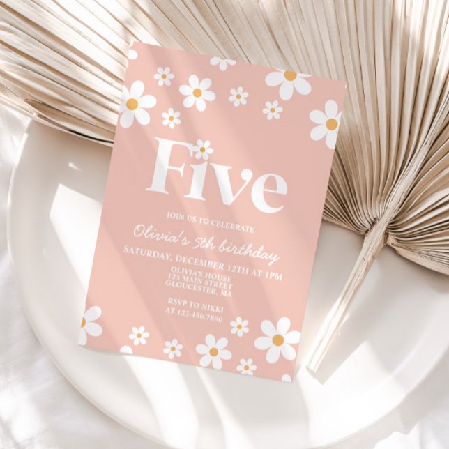 Convite de Aniversário Retro Daisy Five Floral 5º  (Criador carregado)