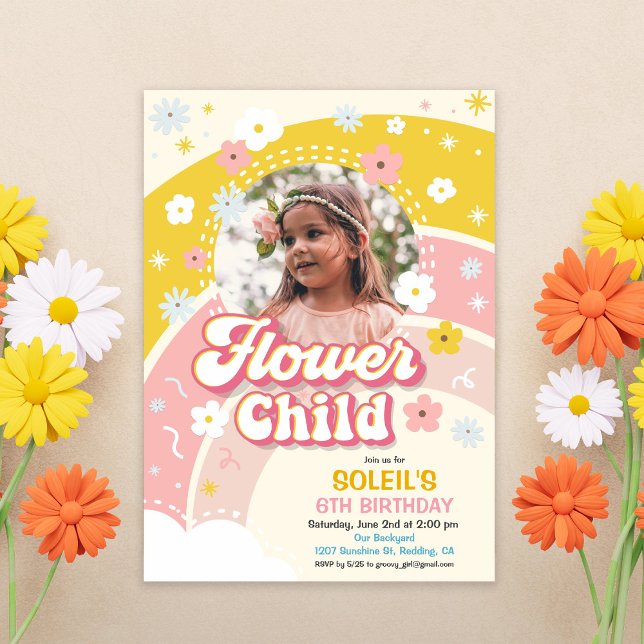 Convite de Aniversário Retro Groovy Flower Child (Criador carregado)