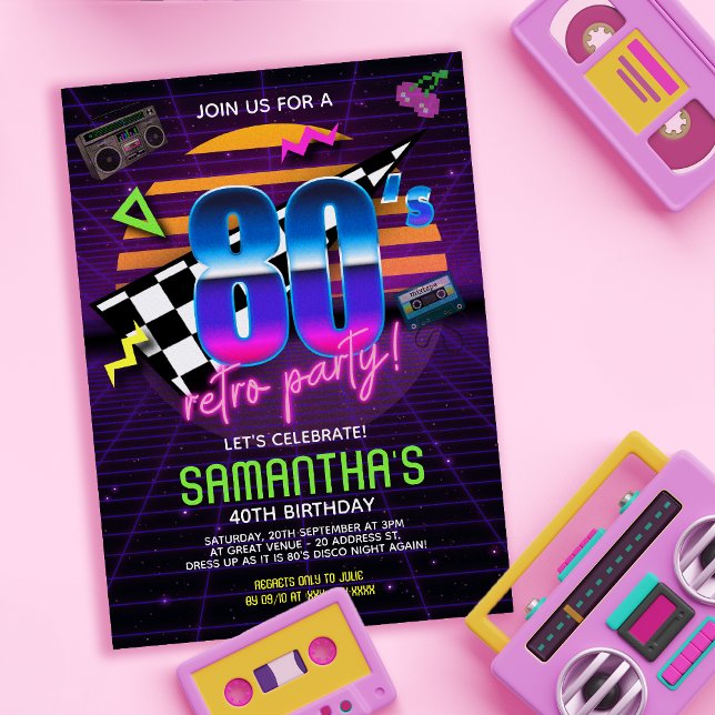 convite de aniversário retroativo 80s ( Travel back to the totally bodacious 80’s with this retro 80s birthday invitation.)