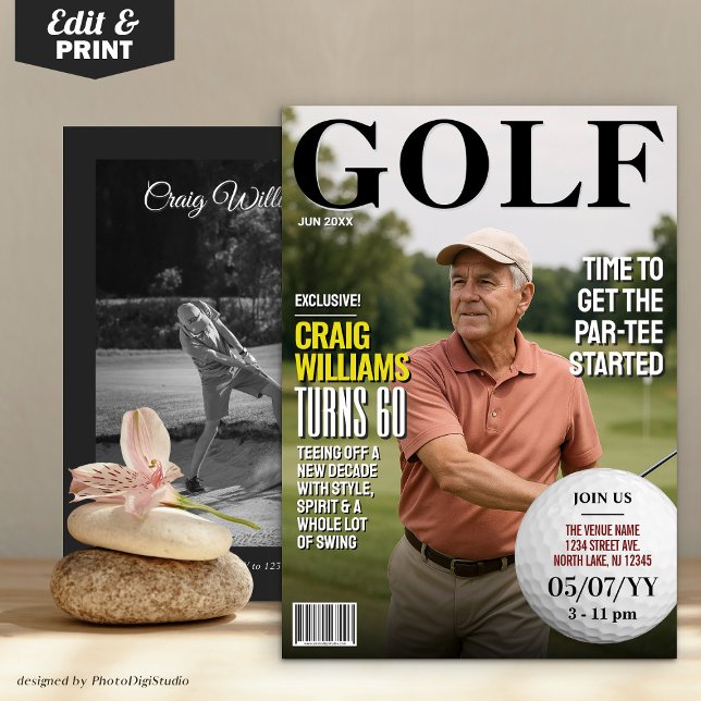 Convite de Aniversário Revista de Golfe, Convite d (Golf Magazine Birthday Invite, Fun Golf Invitation)